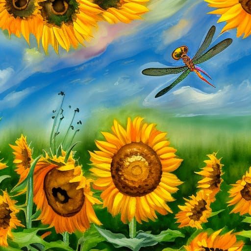Dragonfly Over Sunflowers in Gouache Watercolor Style