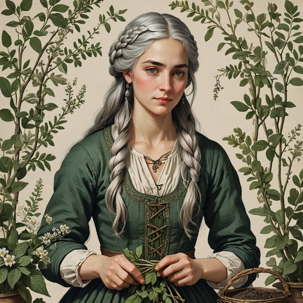 18th Century Herbalist Preparing Potions as Oil Painting
