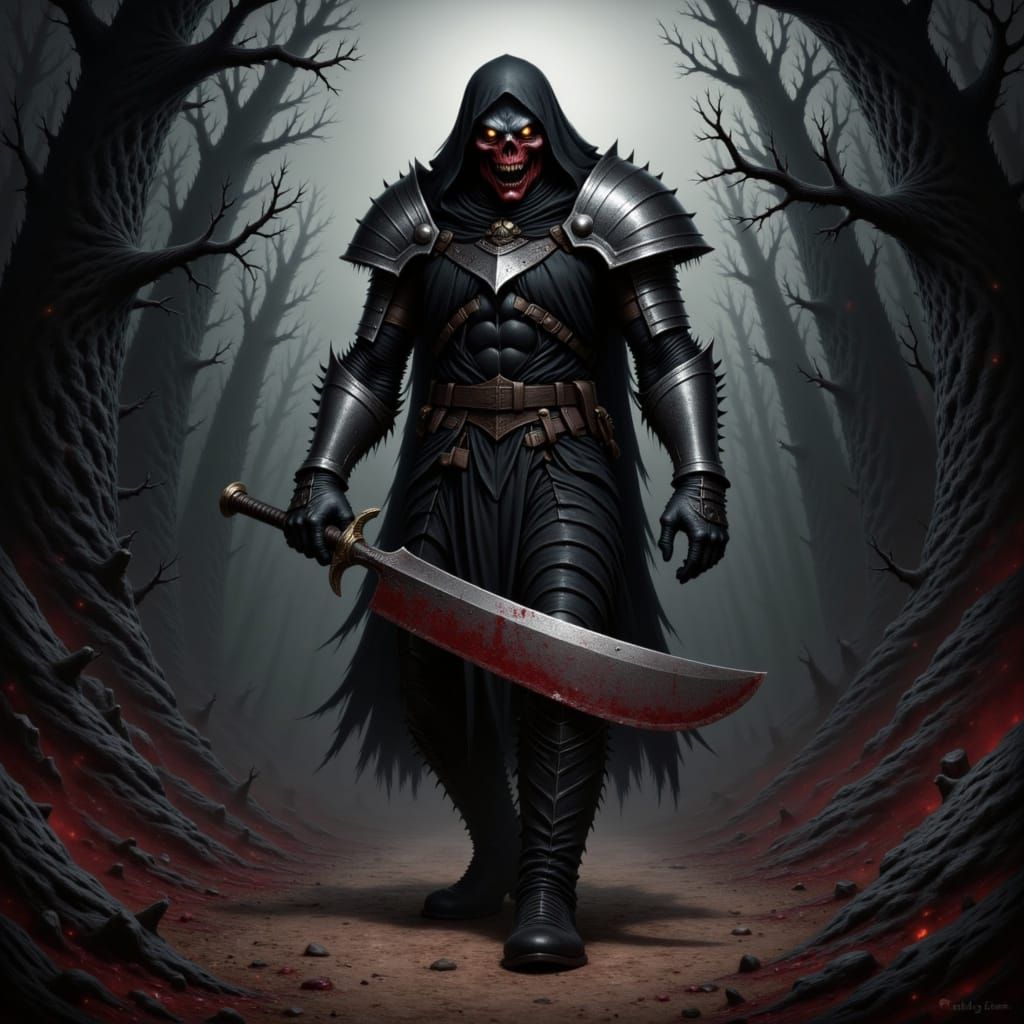 Ghoul Warrior Wielding Blood-Stained Machete in Dark Forest