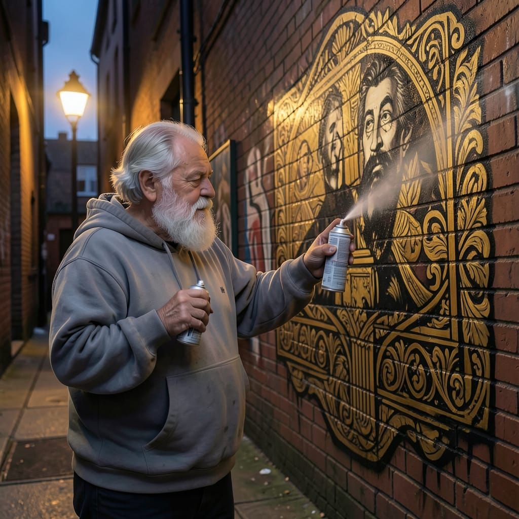 Elderly Man Sprays Graffiti in Alleyway at Dusk