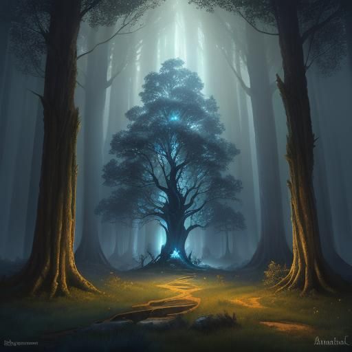Elves Gather at Glowing Tree: Fantasy Art