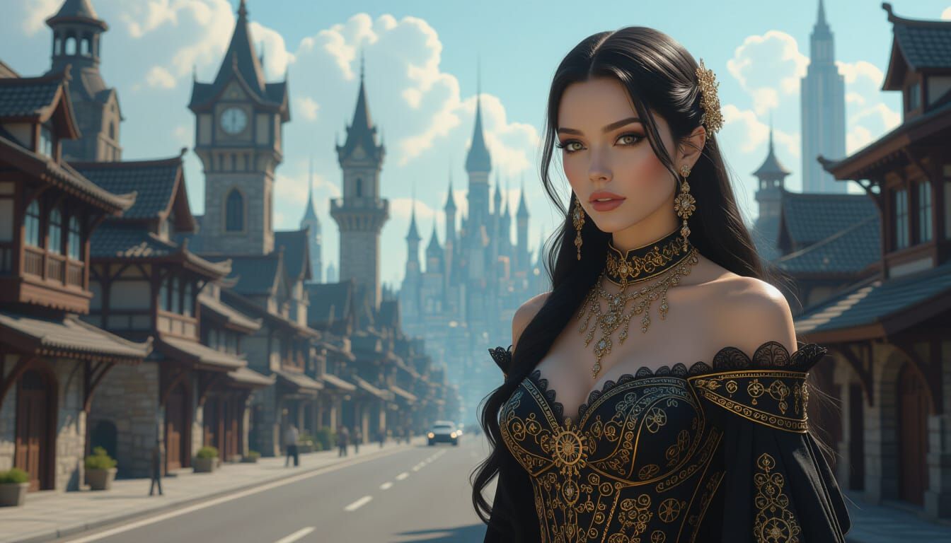 Woman in Baroque Dress Amidst Eclectic Architecture