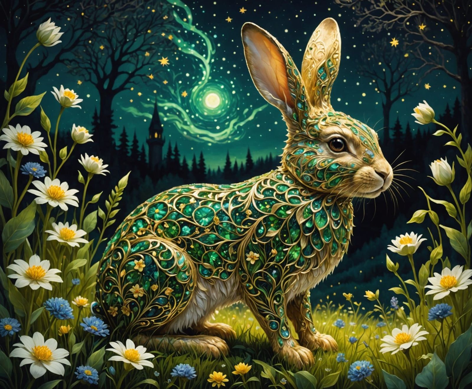 Golden Rabbit with Emerald Eyes in Bioluminescent Field