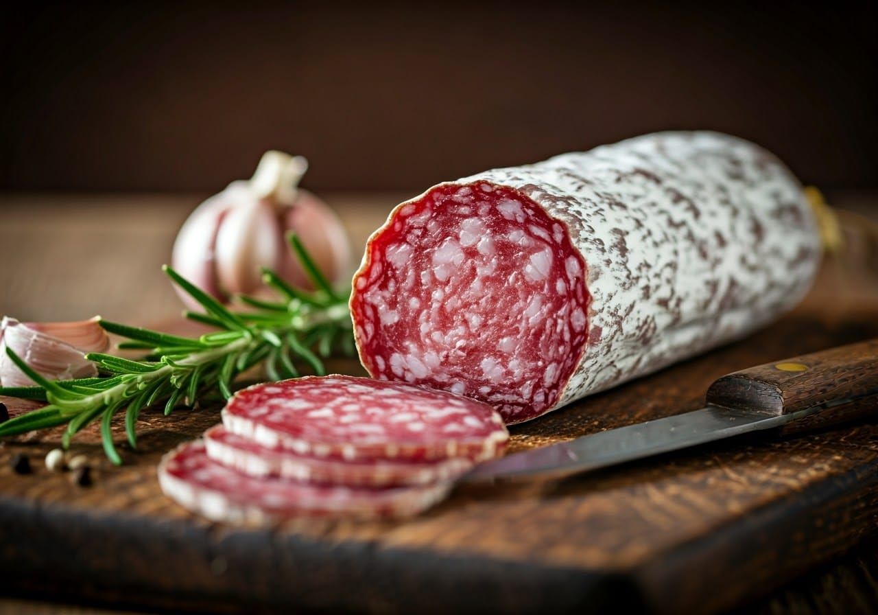 High-Resolution Close-Up of Sliced Cured Salami