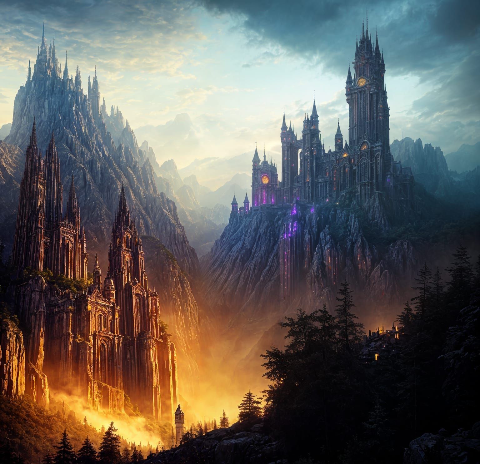Ethereal Dark Fantasy Metropolis Amidst Majestic Mountains i...