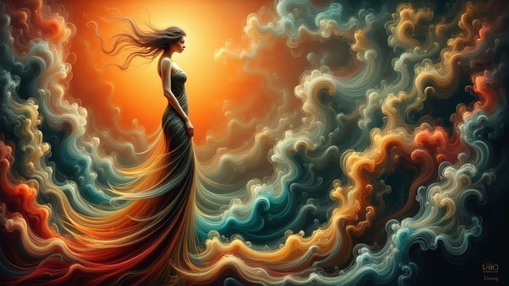 Ethereal Woman Gazing into Abyss as Surrealist Oil Painting