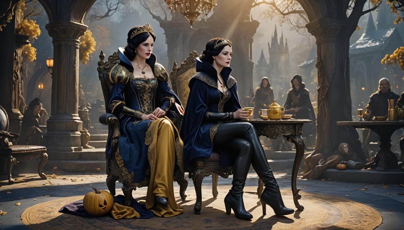 Snow White and Evil Queen Tea Party: Fantasy Art