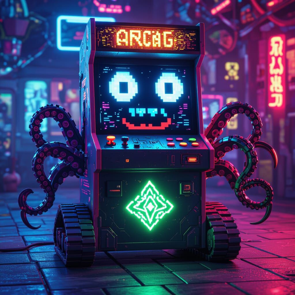 Sentient Arcade Machine with Mechanical Arms in Neon Style