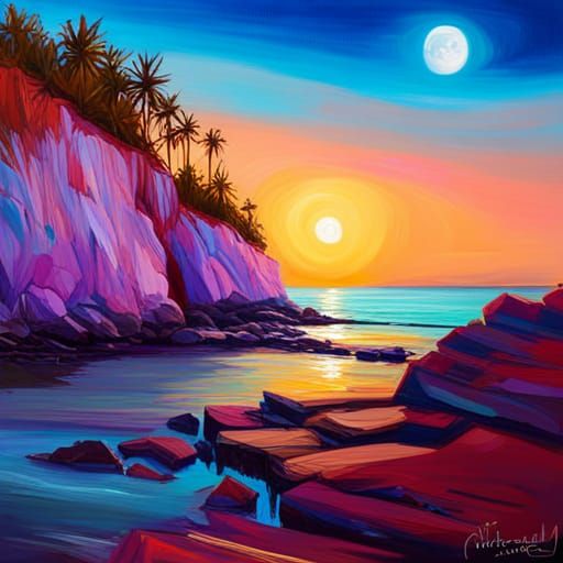 Impressionist Moon Rising Over Ocean in Vivid Brushstrokes
