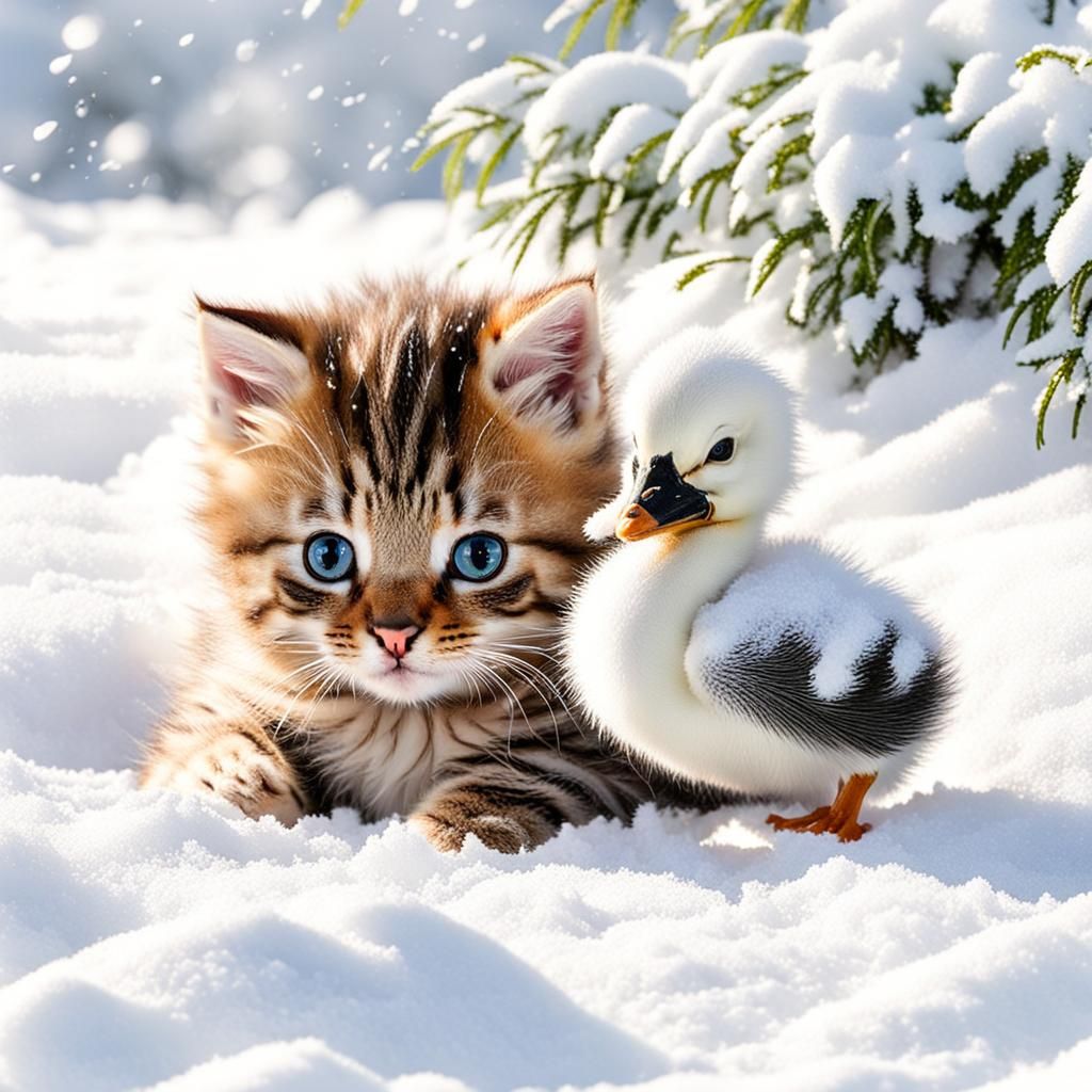 "Baby kitten in the snow with a baby duck"