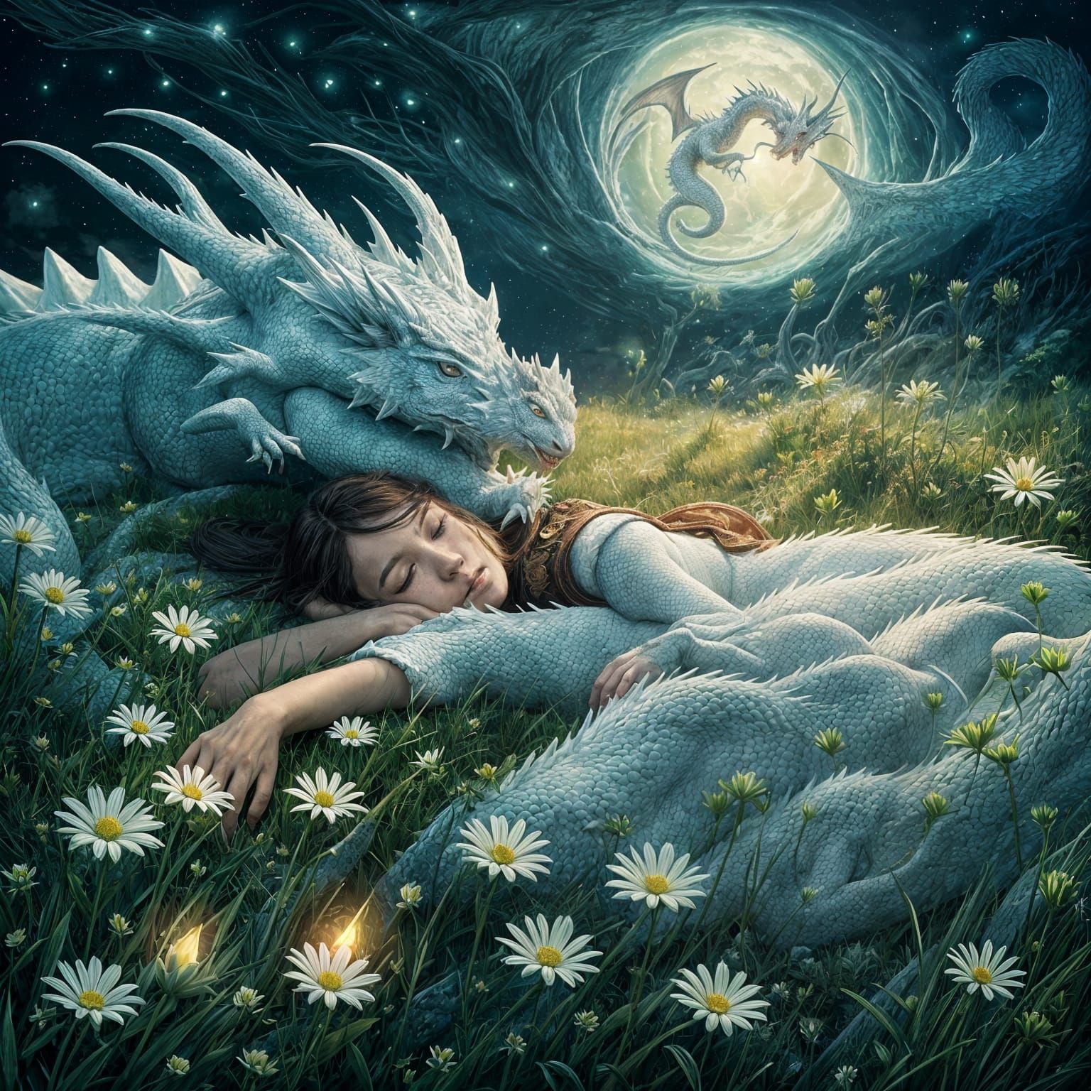 White Dragon and Girl Sleeping in Meadow