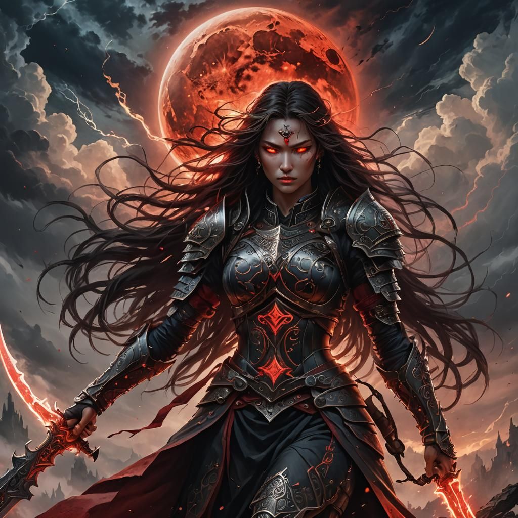 Fierce Warrior Woman Against Red Moon in Fantasy Art