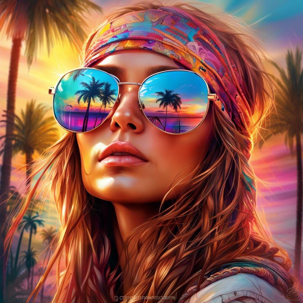 Sunset Hippie Girl with Palm Trees in Digital Art