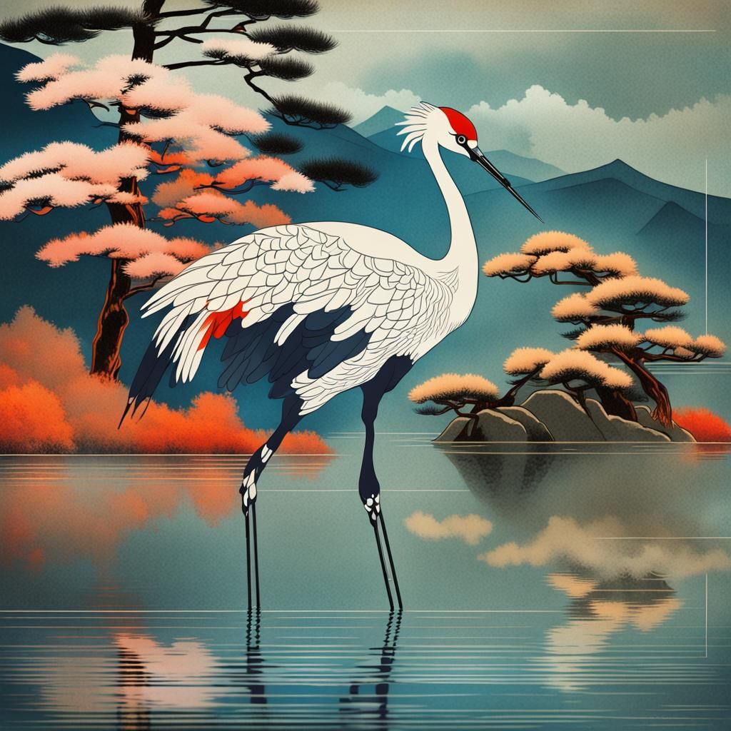 Ukiyo-e Crane in Japanese Screen Style