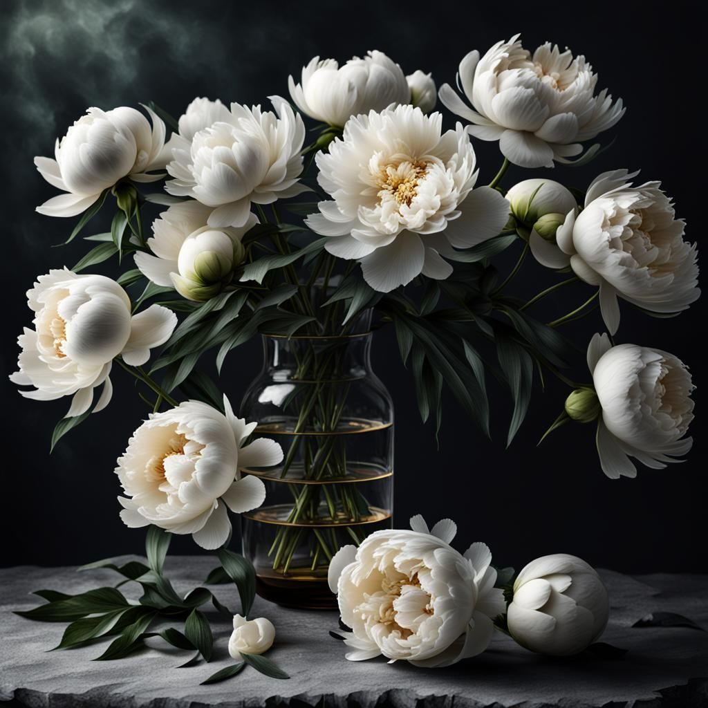 White Peonies in Vase: Dramatic Digital Painting