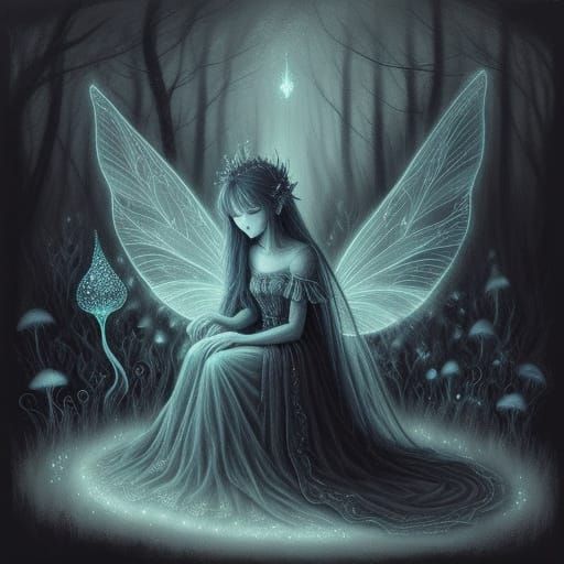 Ethereal Fairy on Luminous Mushroom in Charcoal Sketch