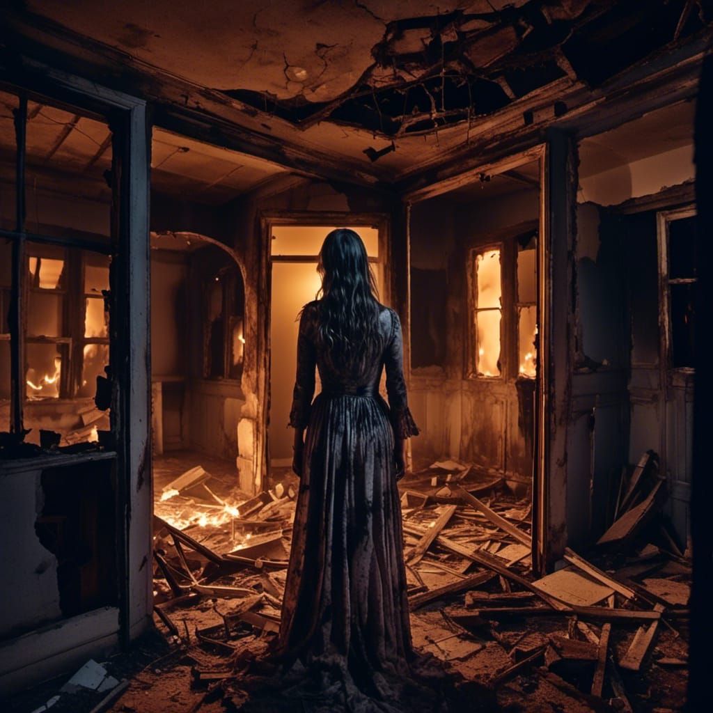 Ghostly Woman in Burnt Suburban Home Ruins