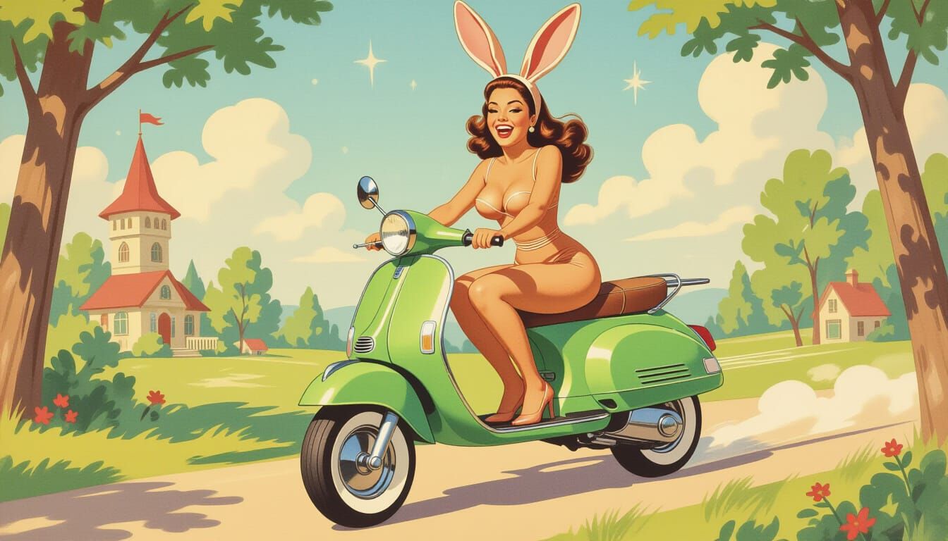 Latina Pin-Up Bunny on Pogo Stick