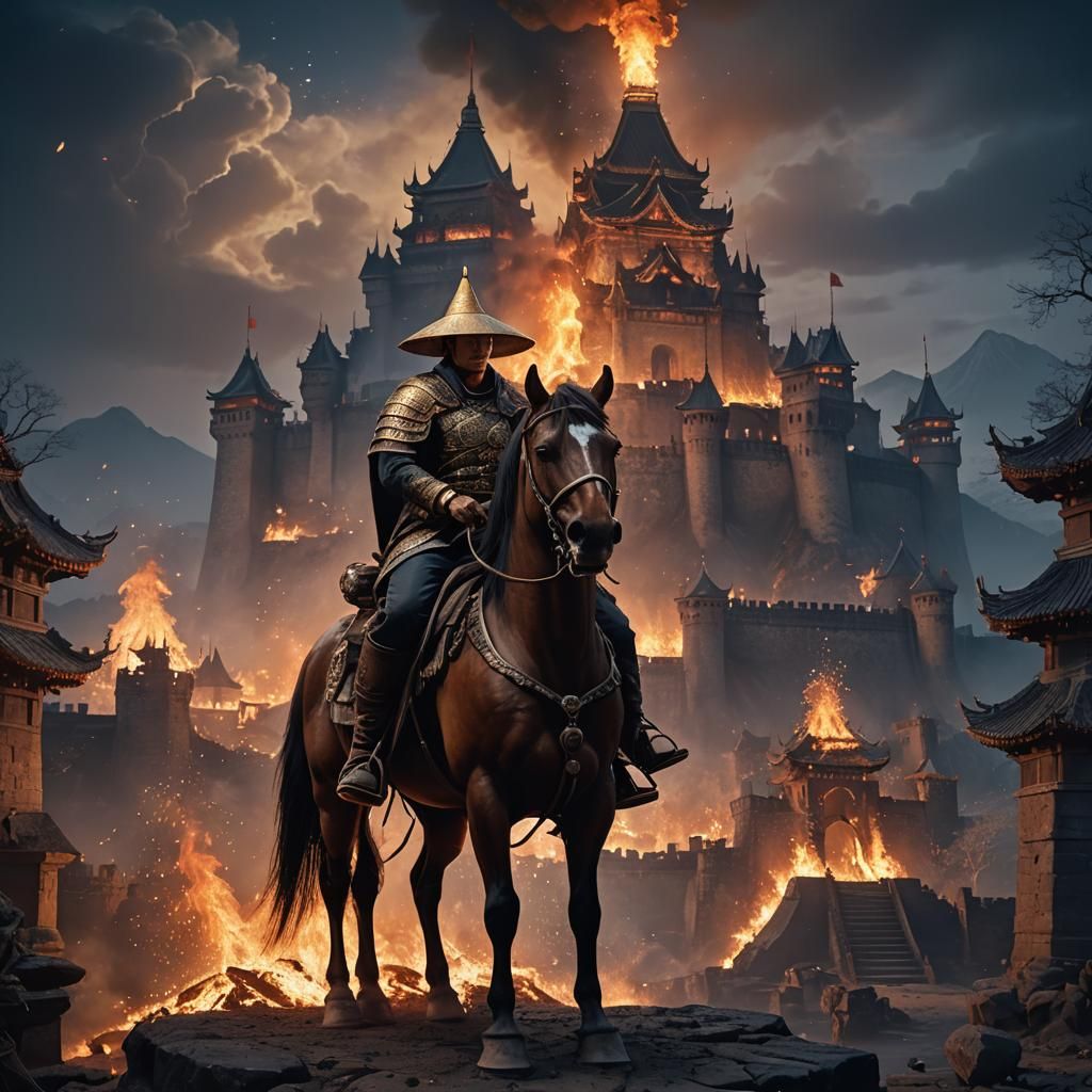 Burning Castle: Man on Horse in Detailed Painting