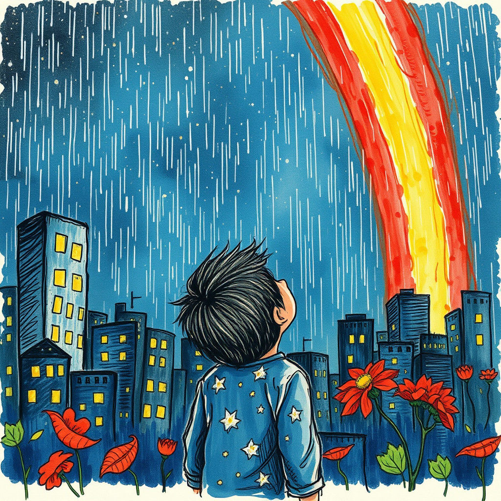 Child Gazing at Crayon Cityscape in Dreamy Style