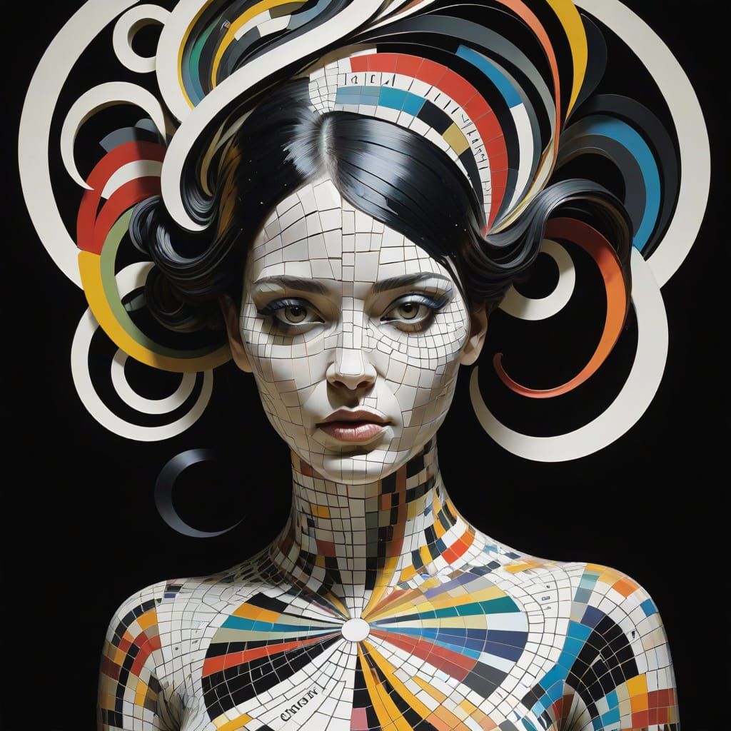 Surreal, Distorted Woman in Technicolor, Swirling Patterns, ...