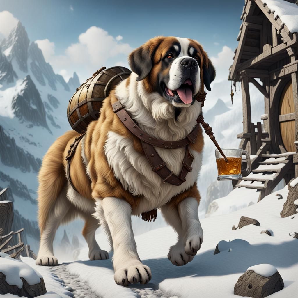 St. Bernard Dog Delivers Rum in Snowy Scene