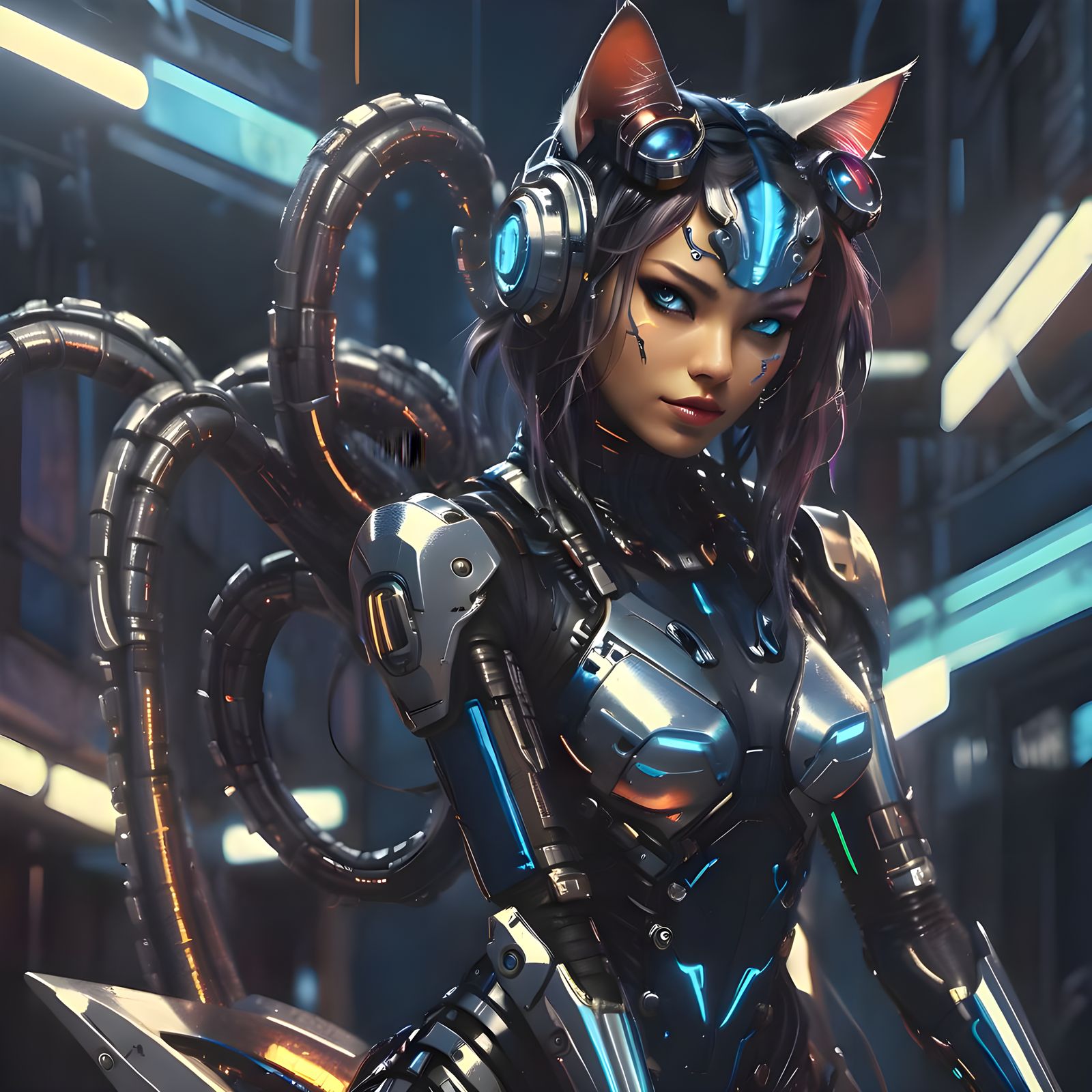 Cyborg Cat Girl with Tentacles in Cyberpunk Style