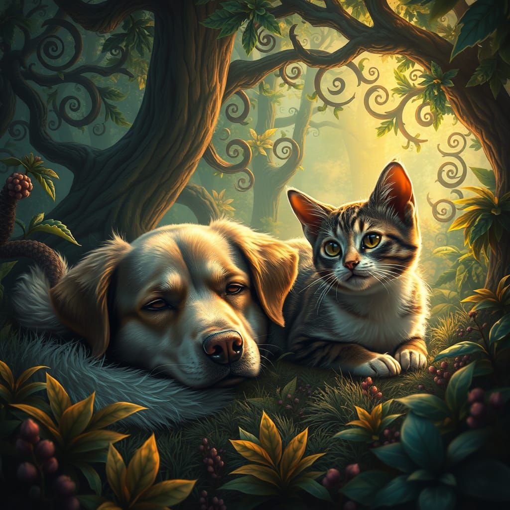 Peaceful Canine and Feline Duo in Enchanted Forest