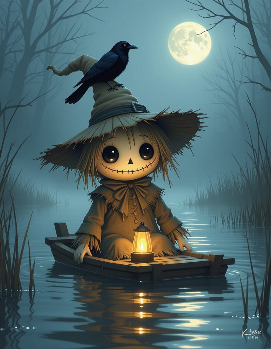 Whimsical Scarecrow on Foggy Lake at Moonlight