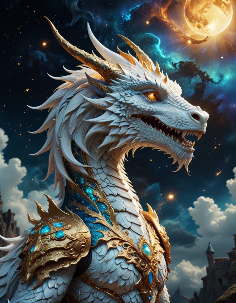 Majestic White Dragon in Stargazing Wonder