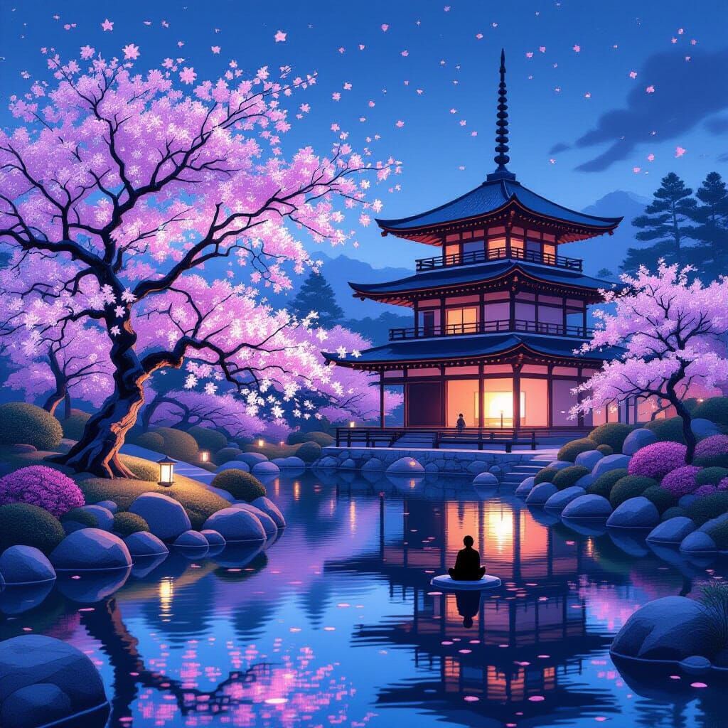 Twilight Japanese Garden with Cyberpunk Elements