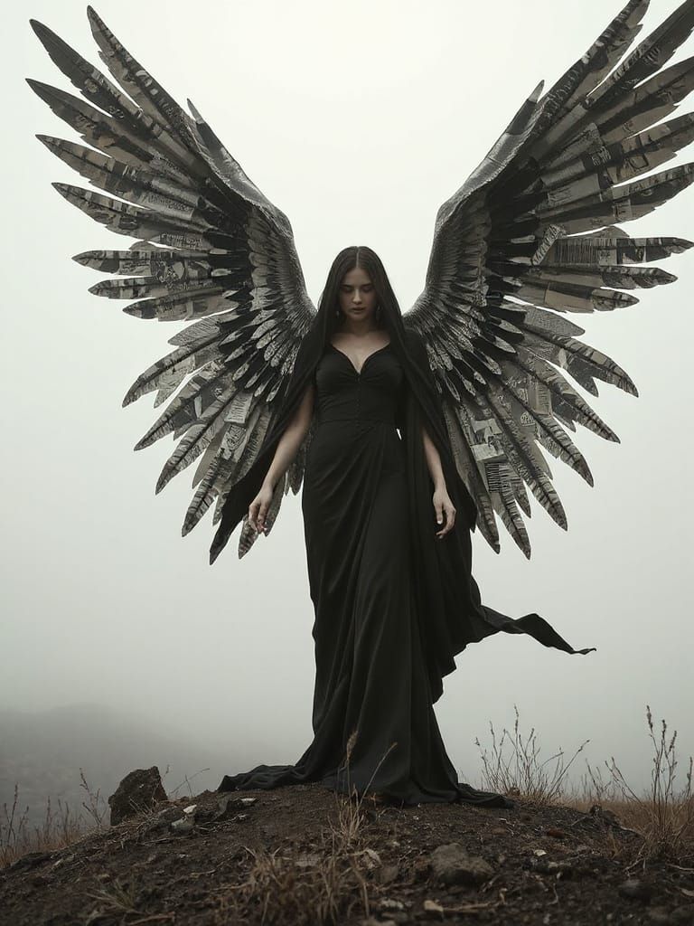 Mysterious Female Angel of Death in a Dark, Timeless Landsca...