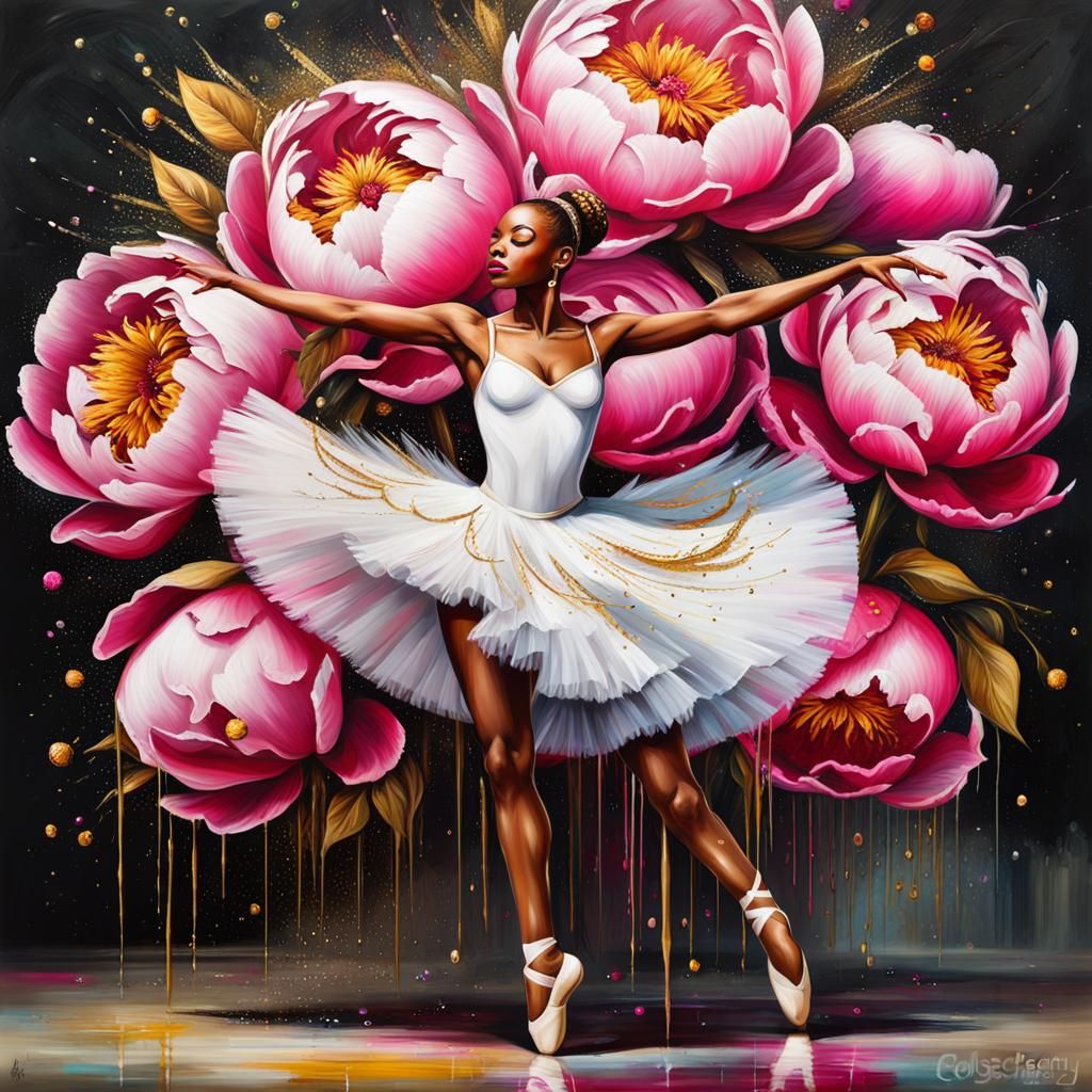 Ballerina's Dance with Pink Peonies in Graffiti Style
