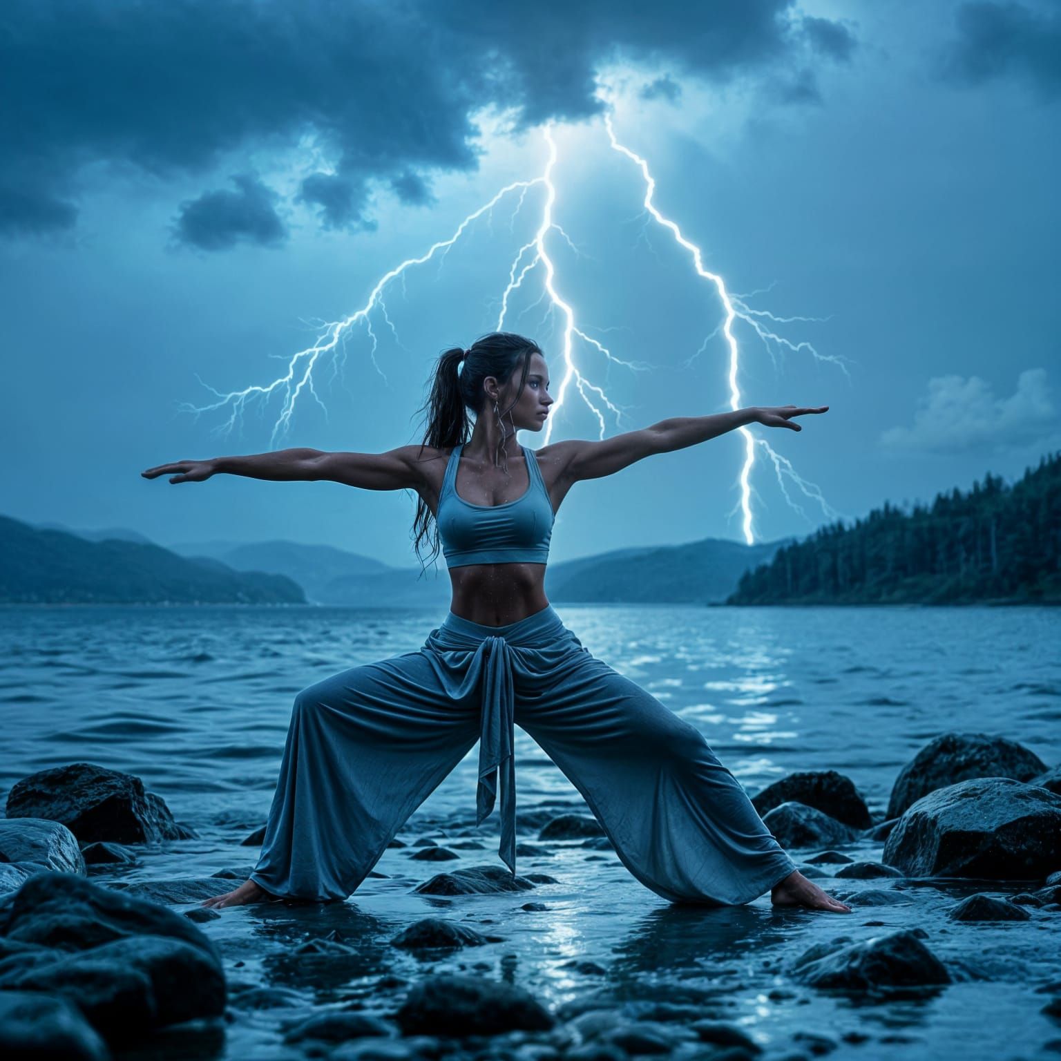 Warrior Yoga Pose During a Thunderstorm
