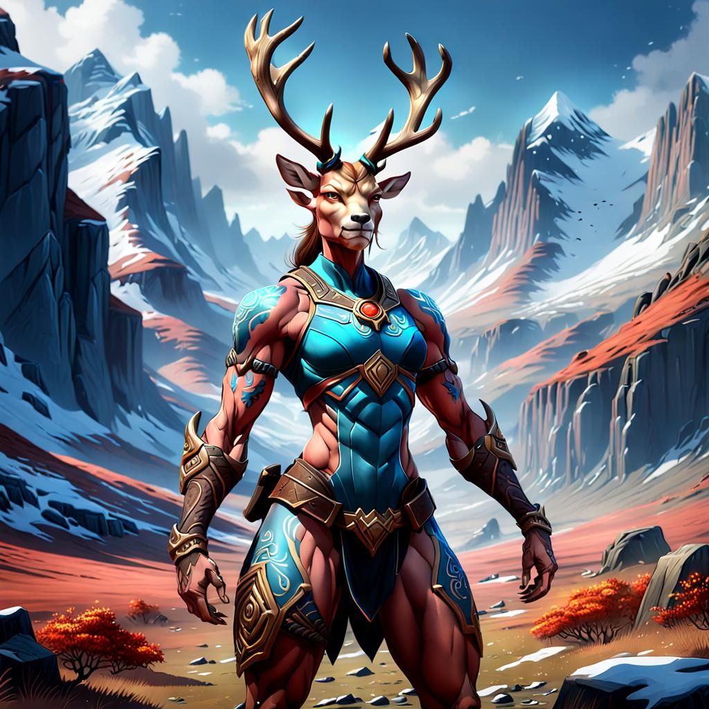Muscular Reindeer Warrior on Alien Landscape
