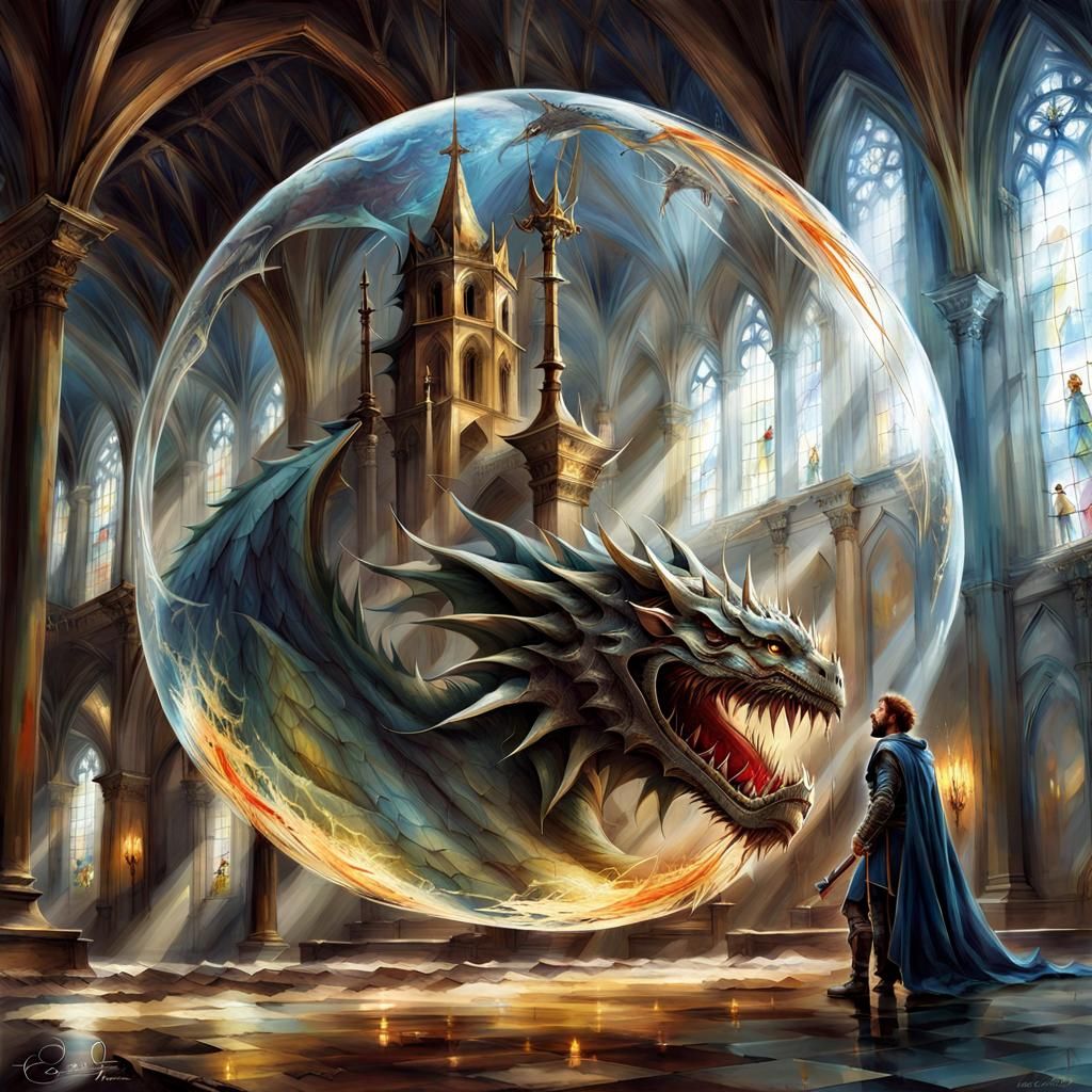 Knight in Chapel with Dragon Sphere: Renaissance Oil Paintin...