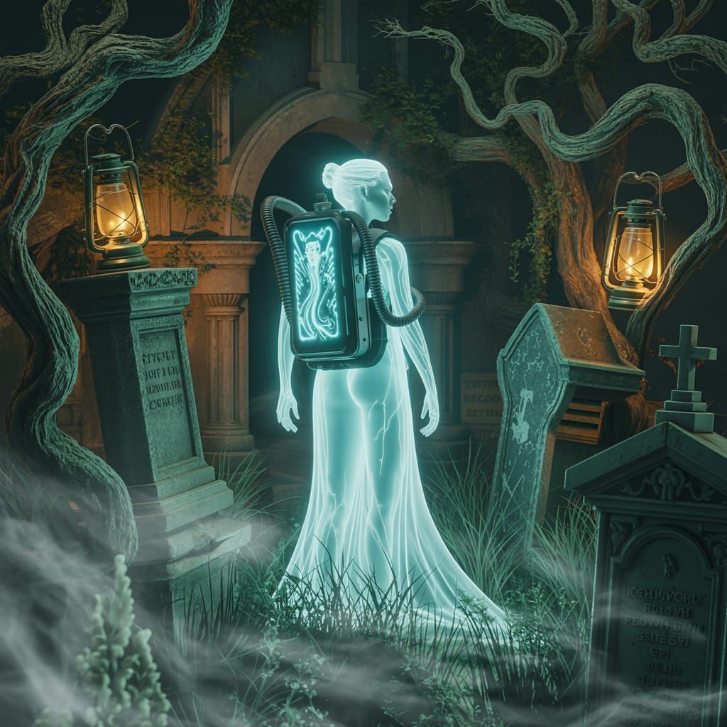 Ethereal Ghostbuster Woman in Enchanted Cemetery
