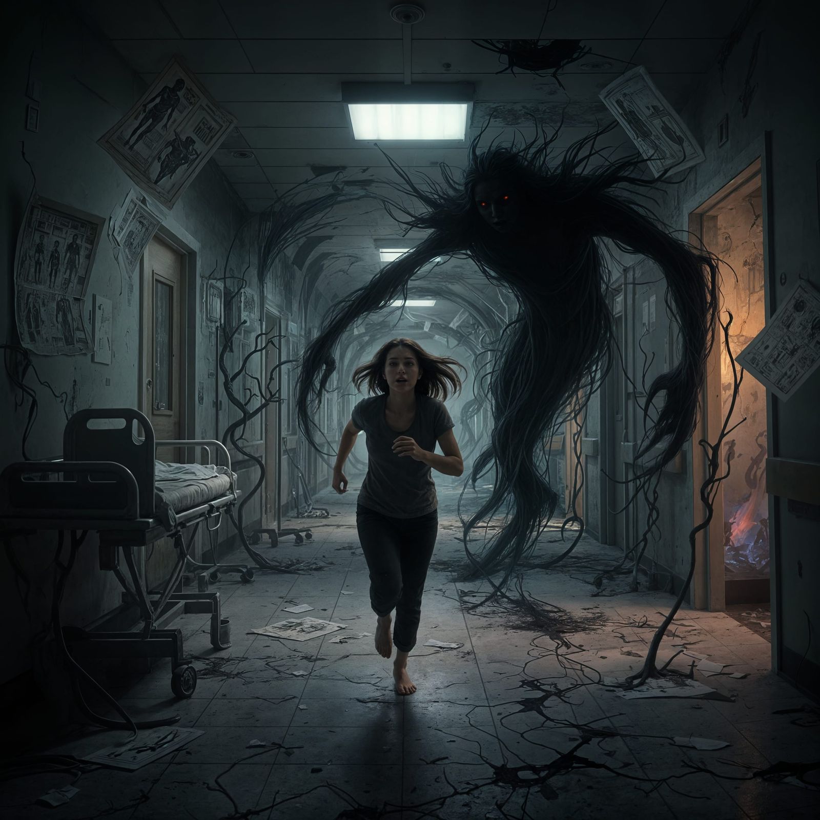 Surreal Nightmare: Shadow Monster in Abandoned Hospital