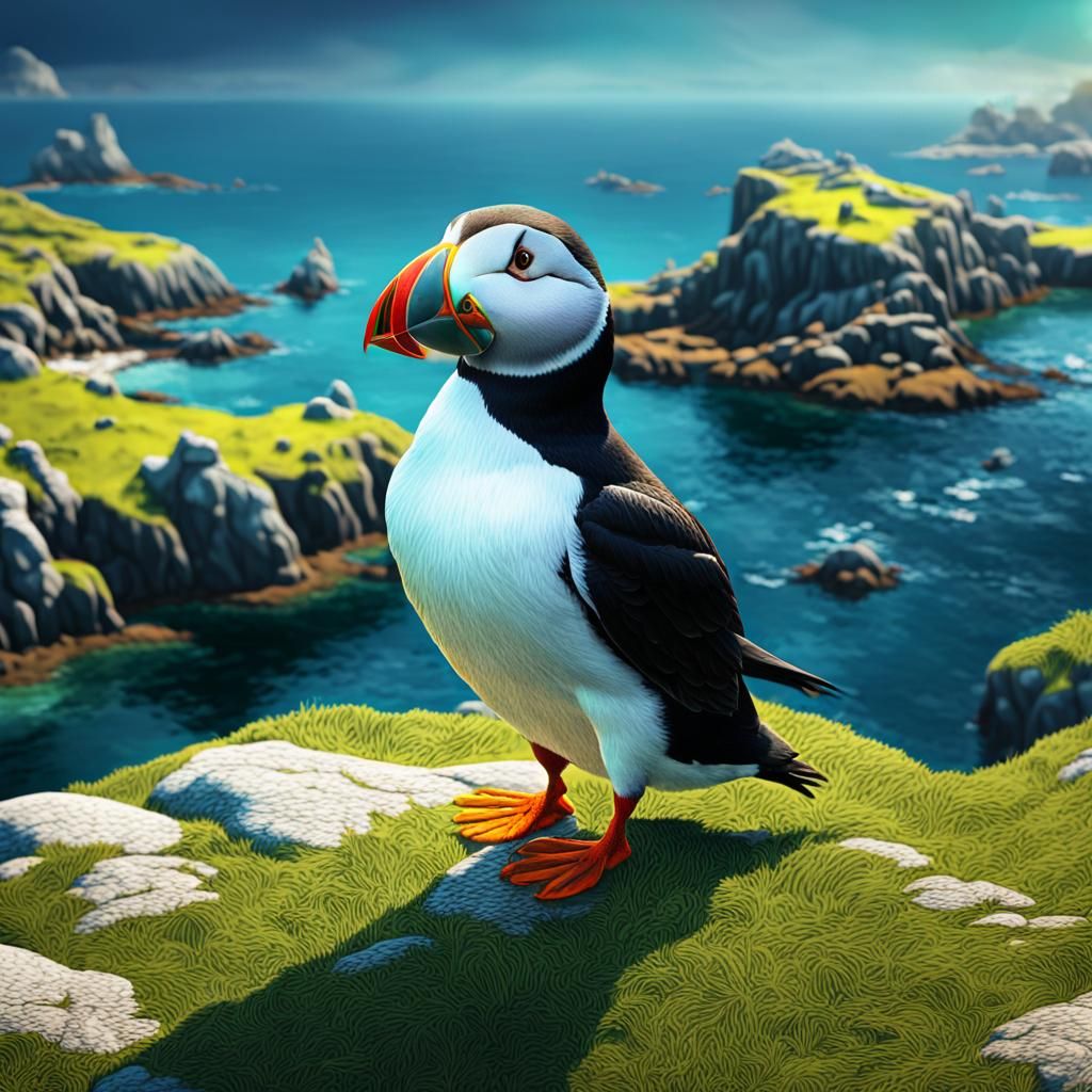 Hyperrealistic Puffin Portrait on the Isles of Scilly