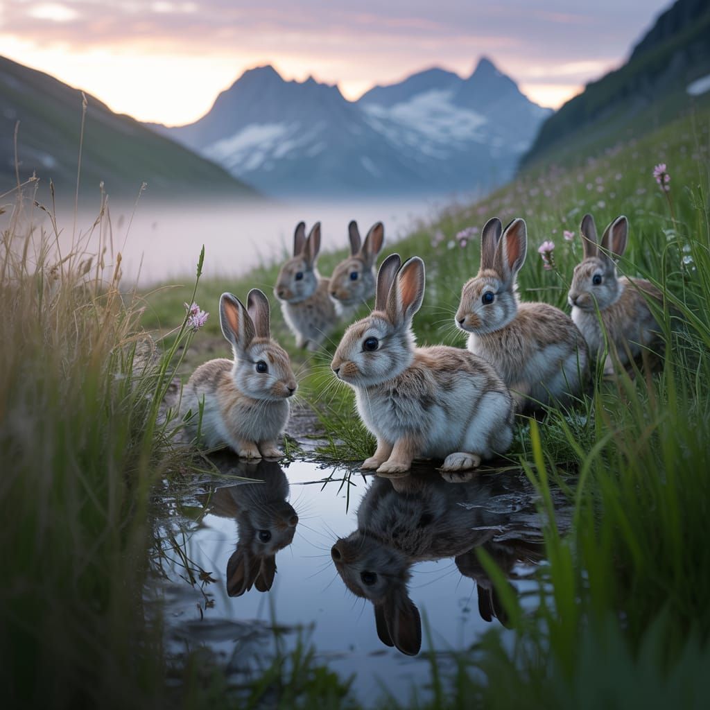 Alpine Meadow: Rabbits at Sunrise in Golden Light