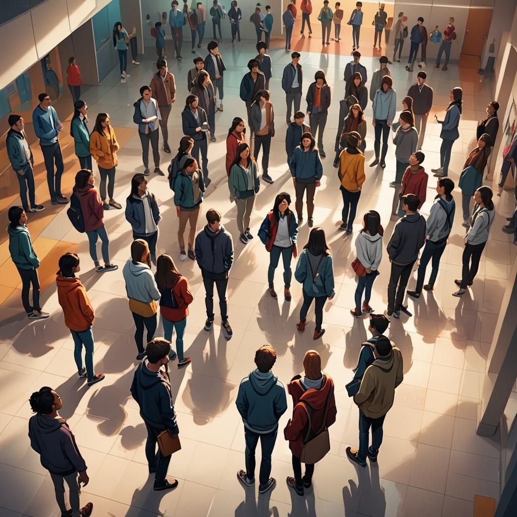 Students Presenting Group Work in Vibrant Hall