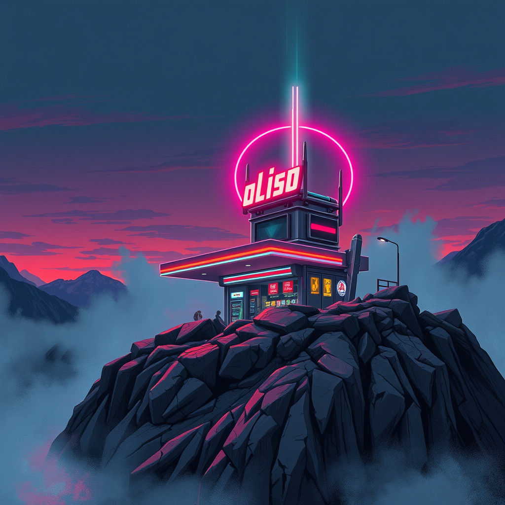 Alien Gas Station on Mountain in Anime Style