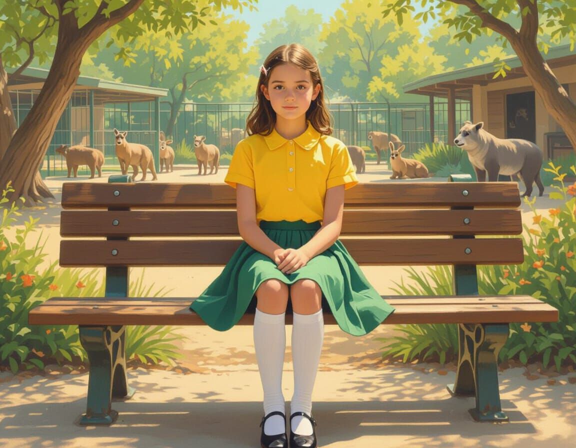 Girl at Zoo in Nostalgic Realism Style