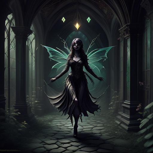 Dark fairy woman in the style of Friday the 13th haunting im...