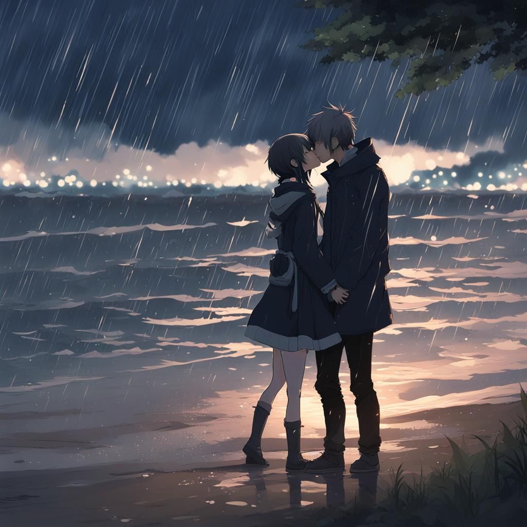 Midnight Kiss in the Rain: 3D Anime Art