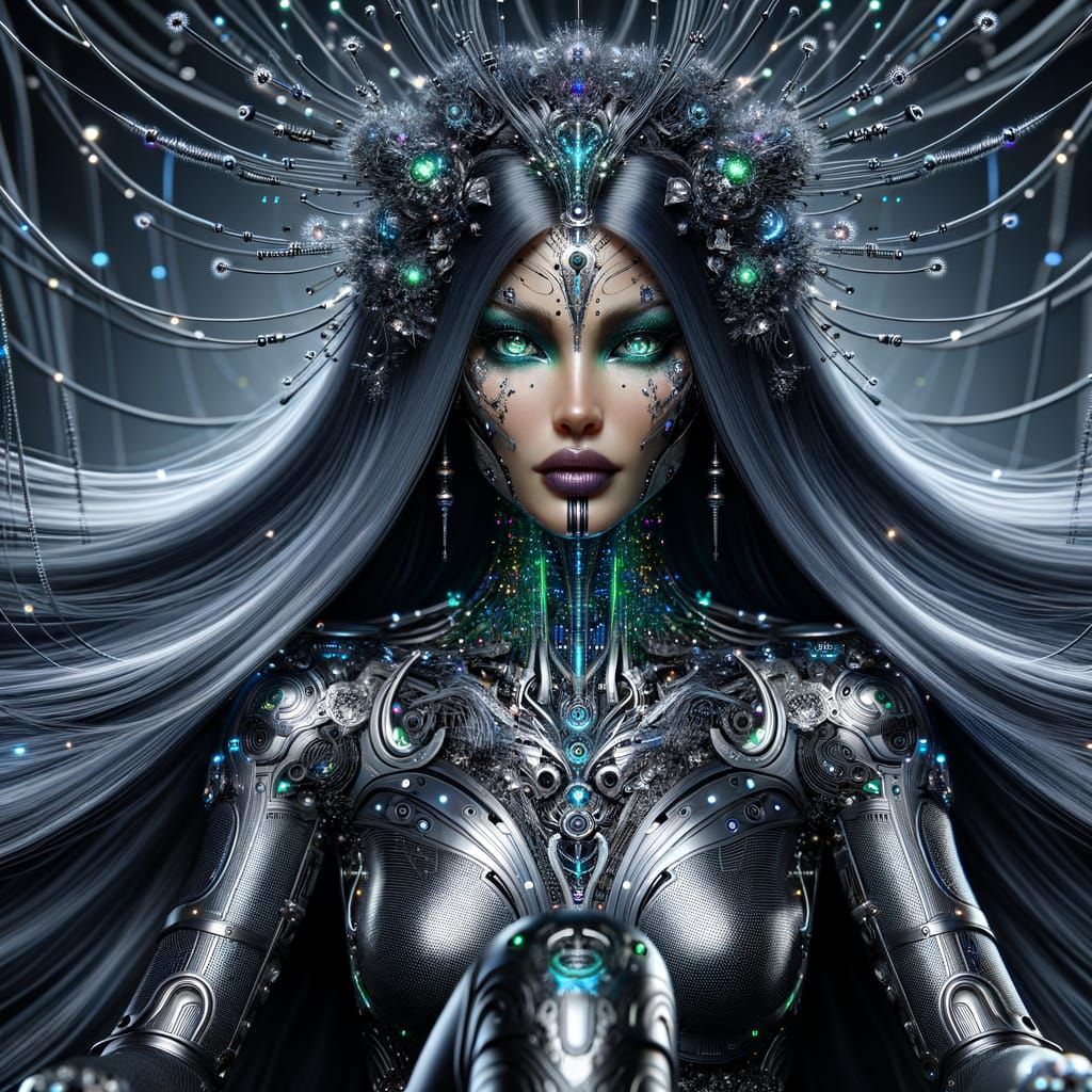 Cybernetic Queen Portrait: Ethereal and Authoritative Aura