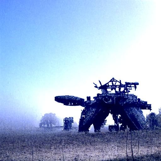 Abandoned Giant War Machine in Foggy Field