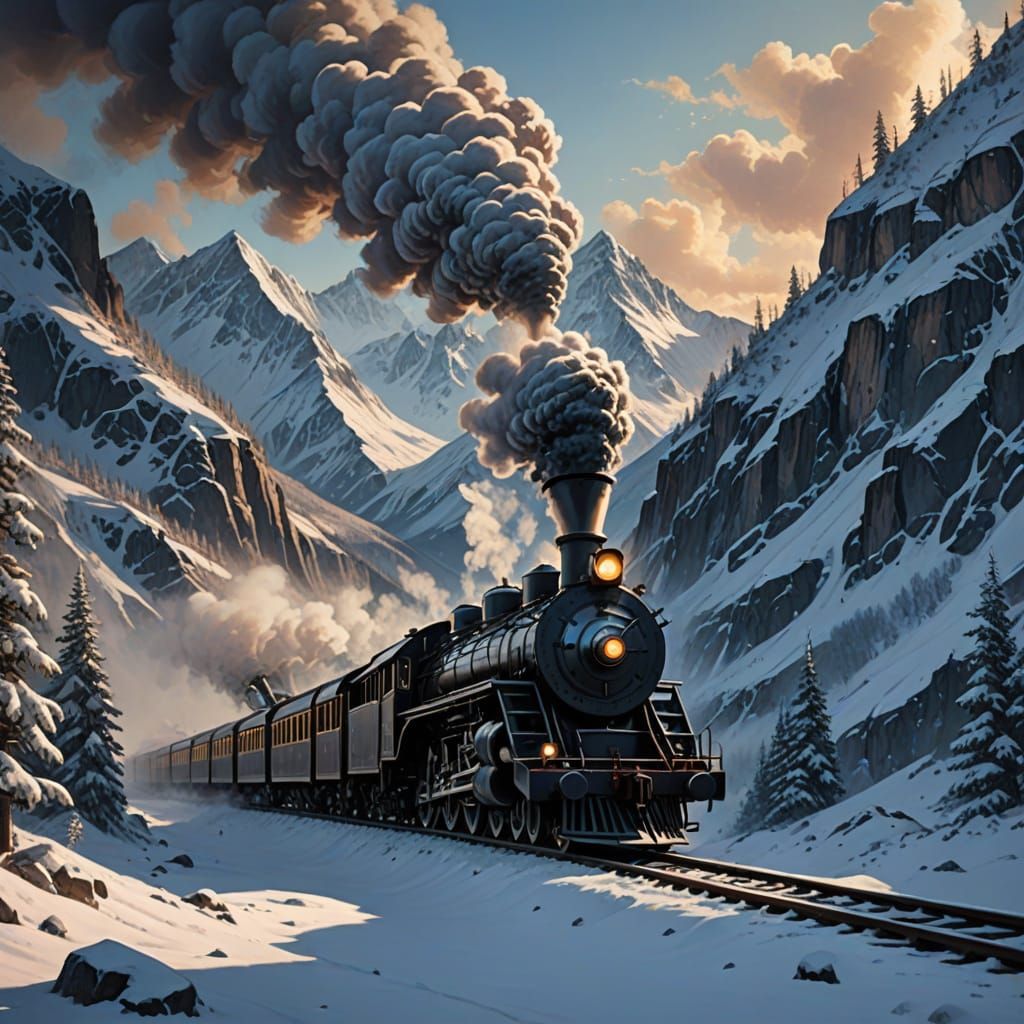 Steaming Train Journey Through Snowy Majestic Mountains