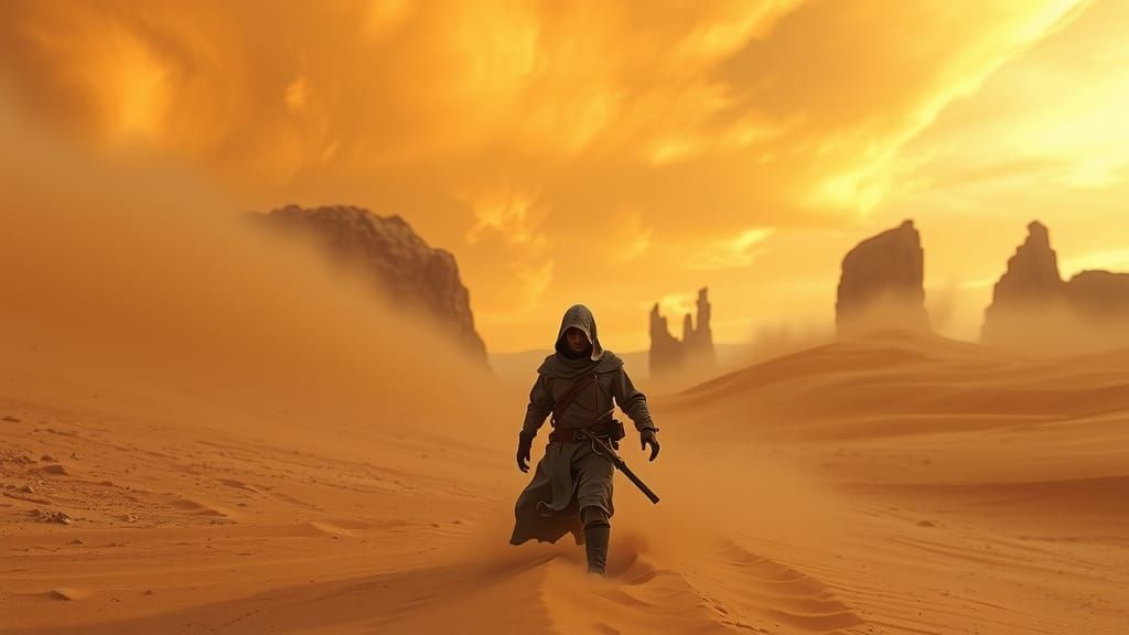 Hooded Figure Emerges from Desert Sandstorm