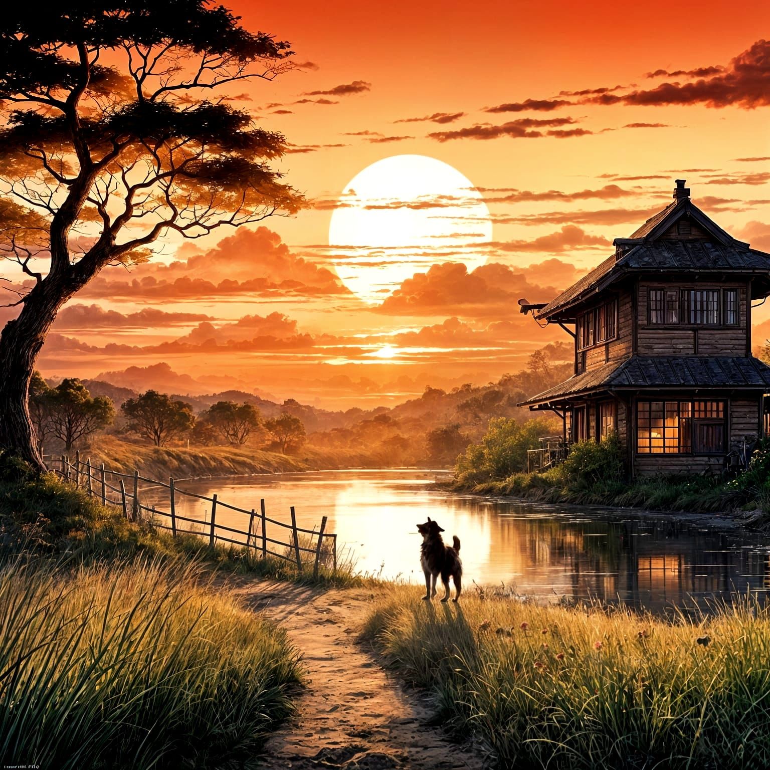 Anime Collie Dog Embodies Perseverance at Sunset